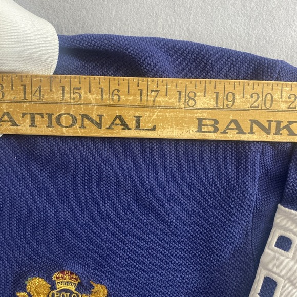 Vintage Polo Ralph Lauren Rugby Shirt Mens L Long Sleeve Blue #8 Crest Flaw* - Picture 8 of 14